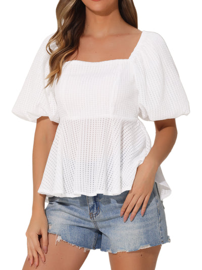 Square Neck Puff Sleeves Back Bow Textured Peplum Blouse