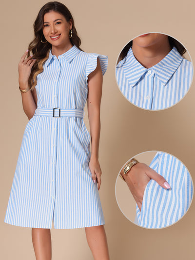 Striped Collar Ruffled Sleeve Belted Midi Shirt Dress