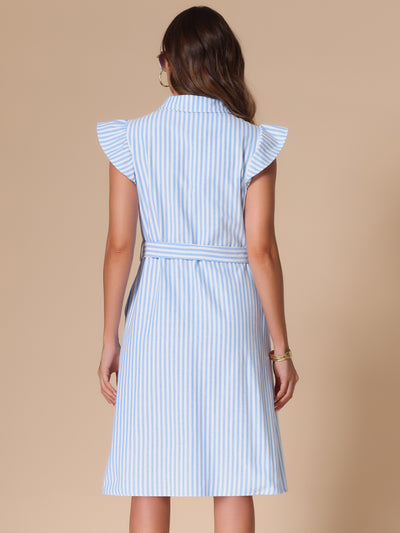 Striped Collar Ruffled Sleeve Belted Midi Shirt Dress