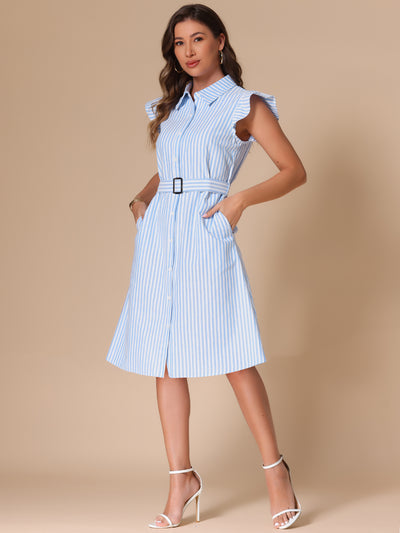 Striped Collar Ruffled Sleeve Belted Midi Shirt Dress