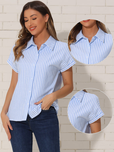 Striped Button Down Shirts for Women's Cotton Casual Cap Sleeve Blouse Tops