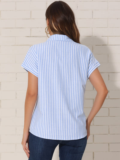 Striped Button Down Shirts for Women's Cotton Casual Cap Sleeve Blouse Tops