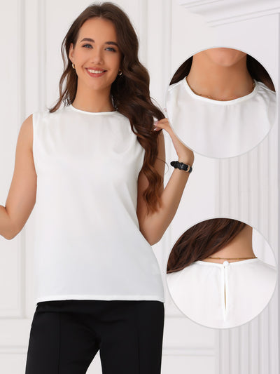 Satin Round Neck Sleeveless Solid Color Blouse