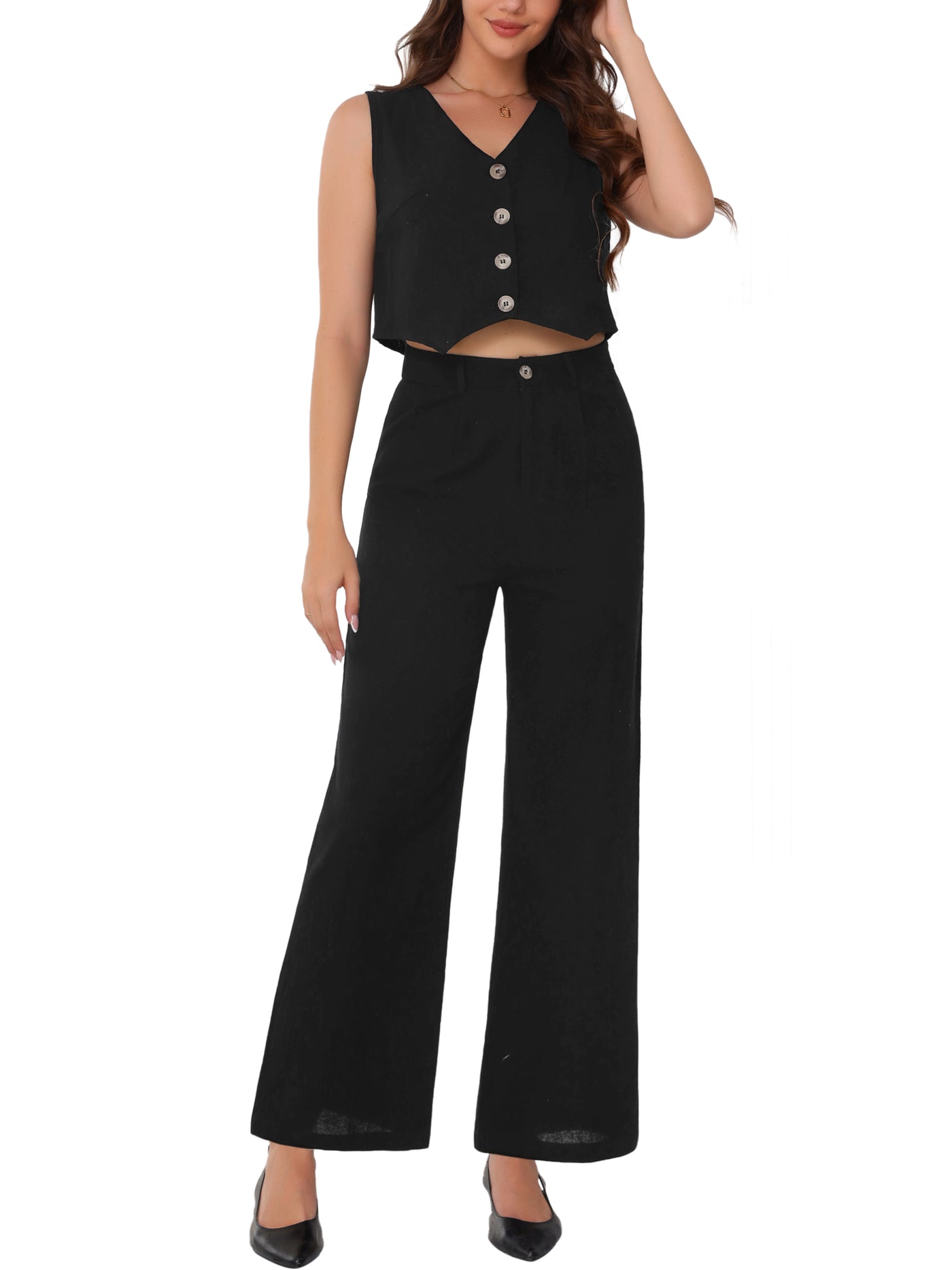 Allegra K 2 Pieces Sleeveless Cropped Vest & Straight Leg Pants Set