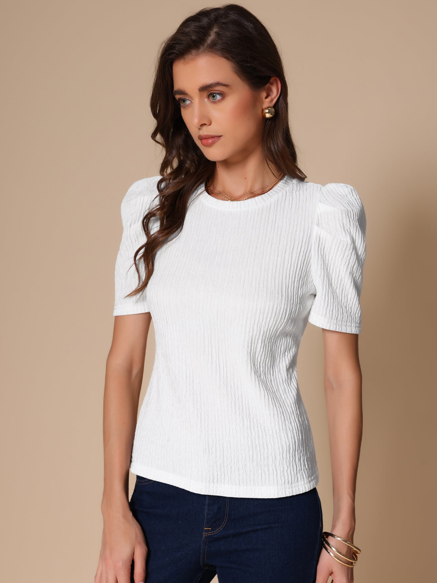 Allegra K Puff Short Sleeve Round Neck Textured Blouse