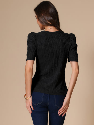 Puff Short Sleeve Round Neck Textured Blouse