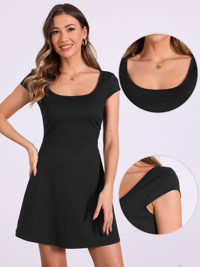 Square Neck Cap Sleeve A- Line Causal Mini Dress