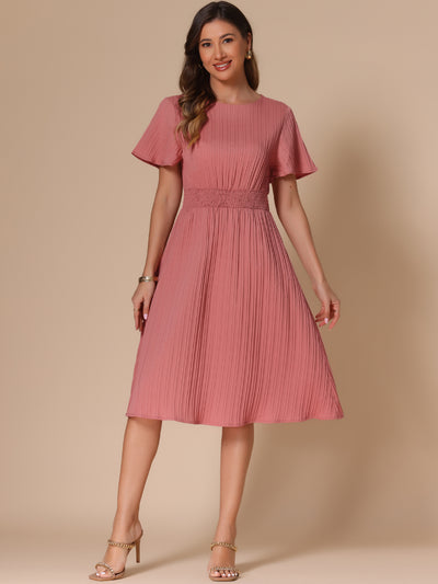 Textured Short Sleeve Smocked Wasit A-Line Midi Dress