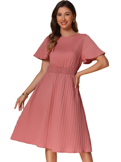 Textured Short Sleeve Smocked Wasit A-Line Midi Dress