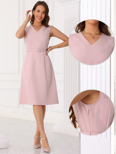 V Neck Sleeveless Belted A-Line Midi Work Dress