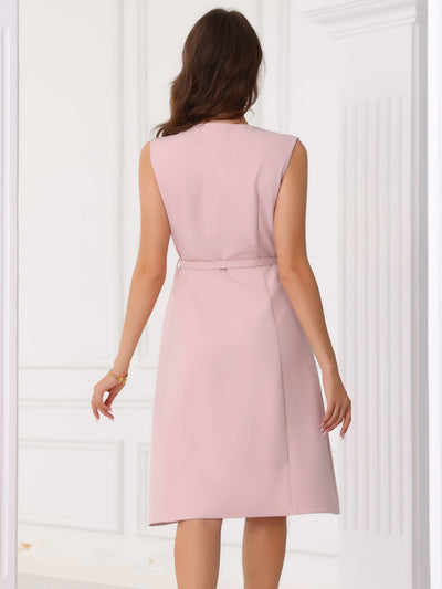 V Neck Sleeveless Belted A-Line Midi Work Dress