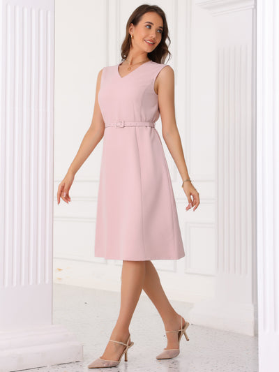 V Neck Sleeveless Belted A-Line Midi Work Dress