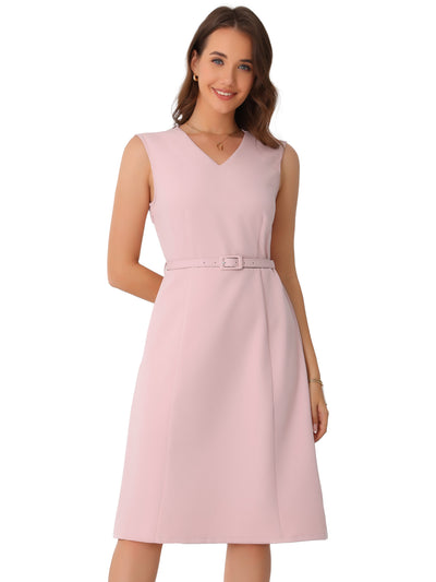 V Neck Sleeveless Belted A-Line Midi Work Dress