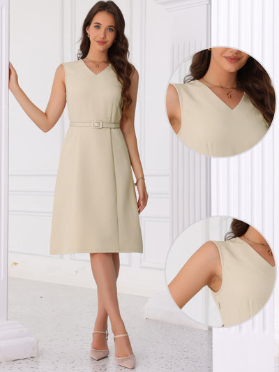 V Neck Sleeveless Belted A-Line Midi Work Dress