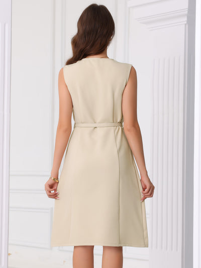 V Neck Sleeveless Belted A-Line Midi Work Dress