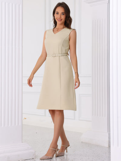 V Neck Sleeveless Belted A-Line Midi Work Dress