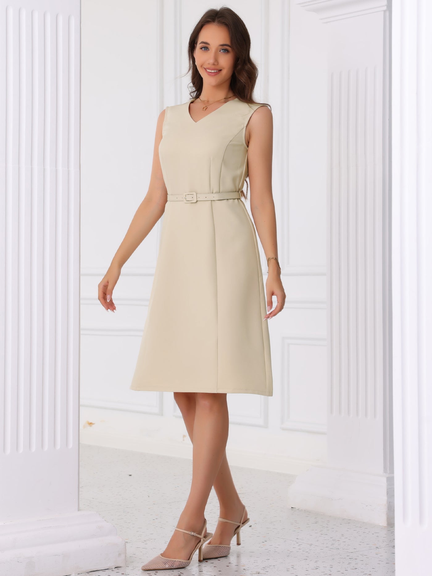 Allegra K V Neck Sleeveless Belted A-Line Midi Work Dress