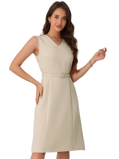 V Neck Sleeveless Belted A-Line Midi Work Dress