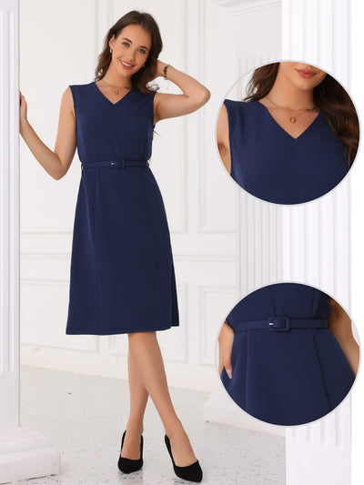 V Neck Sleeveless Belted A-Line Midi Work Dress