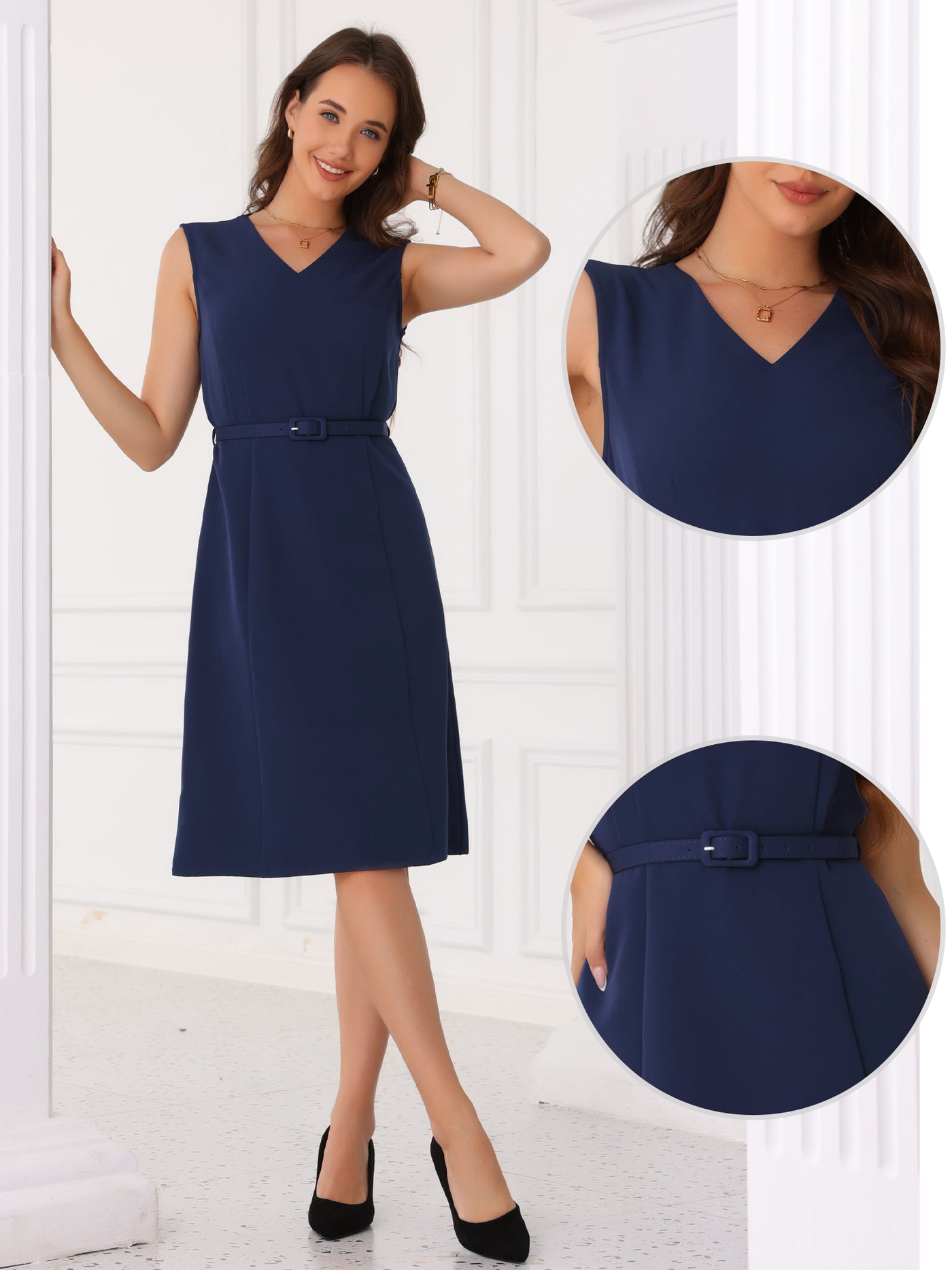 Allegra K V Neck Sleeveless Belted A-Line Midi Work Dress