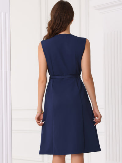 V Neck Sleeveless Belted A-Line Midi Work Dress