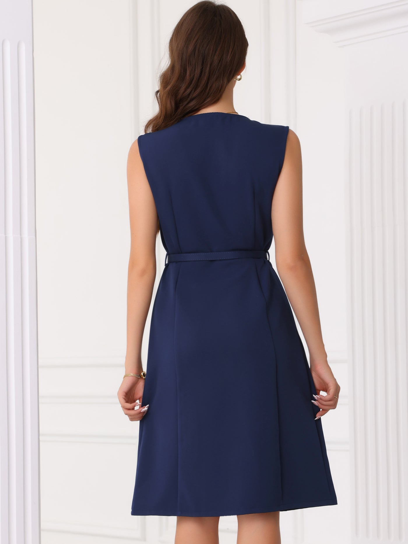 Allegra K V Neck Sleeveless Belted A-Line Midi Work Dress