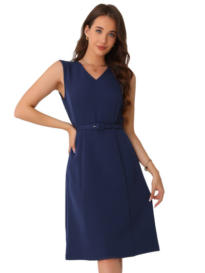 V Neck Sleeveless Belted A-Line Midi Work Dress