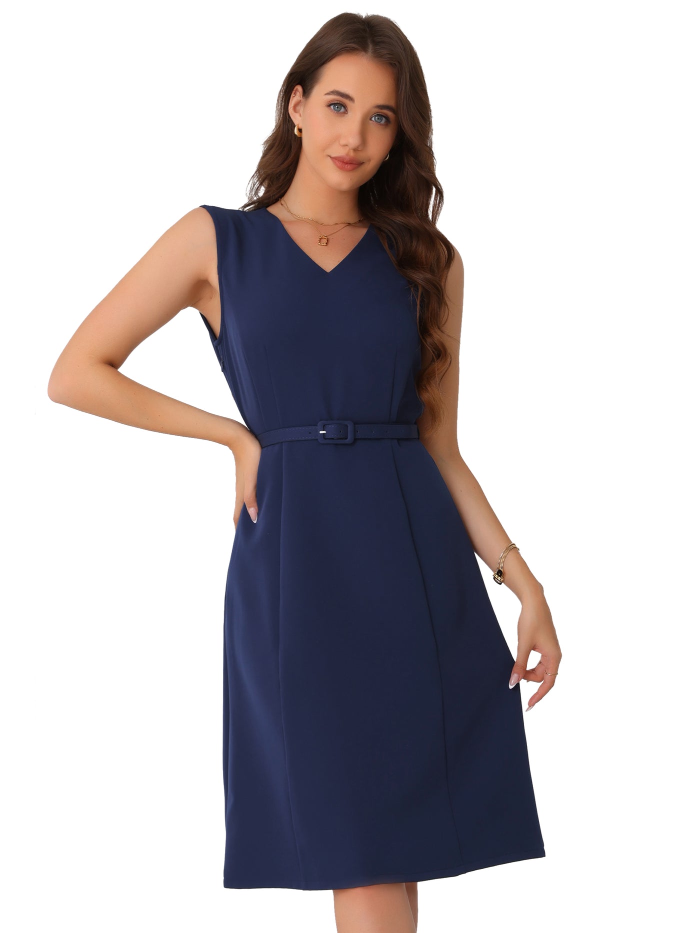 Allegra K V Neck Sleeveless Belted A-Line Midi Work Dress