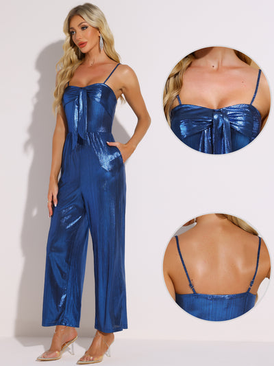 Glitter Sleeveless Spaghetti Strap Bow Knot Jumpsuits