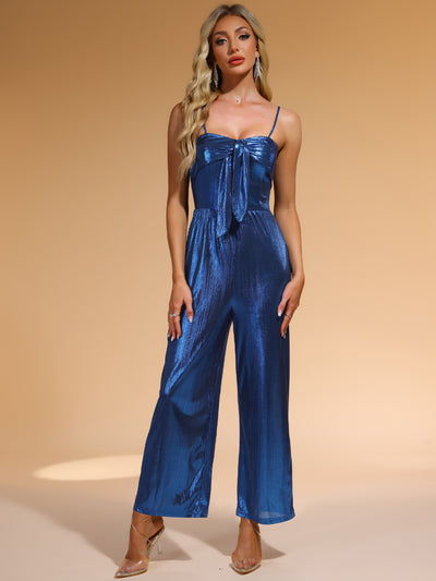 Glitter Sleeveless Spaghetti Strap Bow Knot Jumpsuits