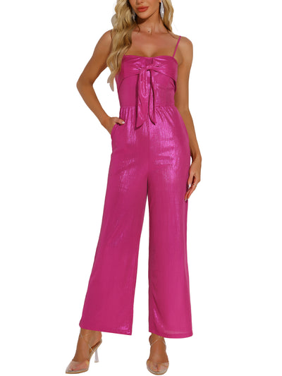 Glitter Sleeveless Spaghetti Strap Bow Knot Jumpsuits