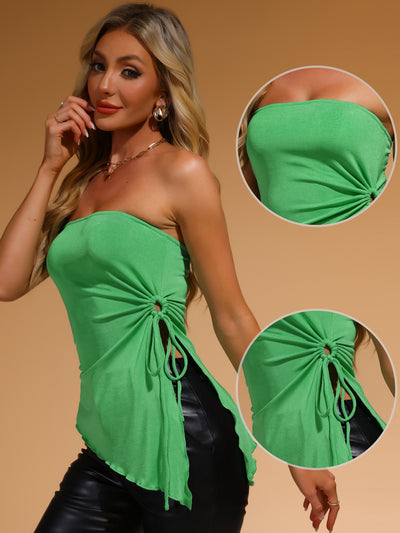 Strapless Drawstring Ruched Slit Asymmetrical Hem Tops