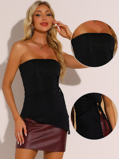 Strapless Drawstring Ruched Slit Asymmetrical Hem Tops