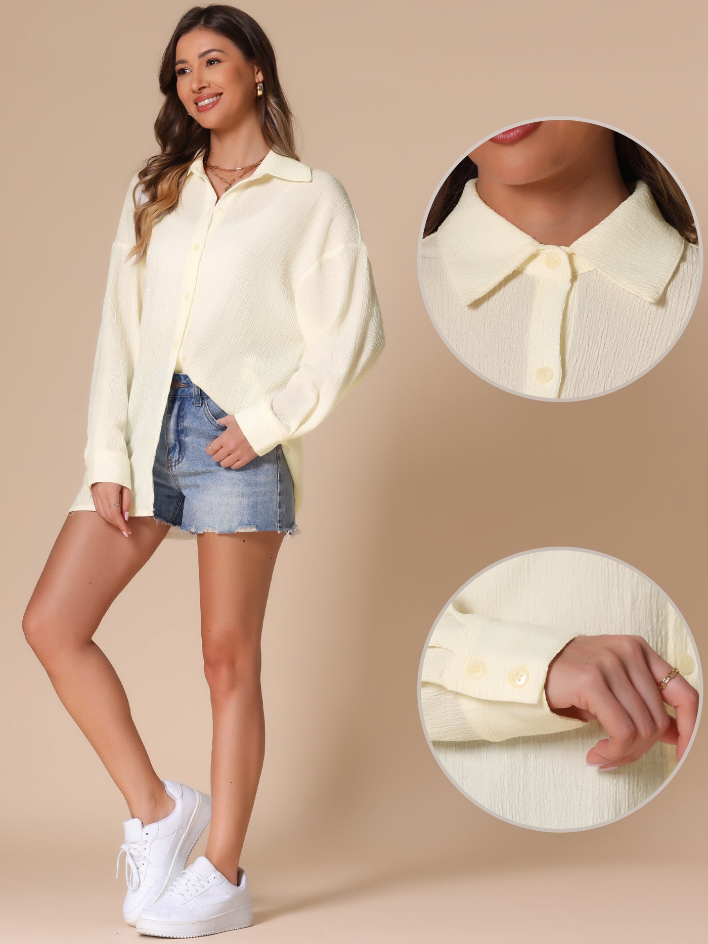 Allegra K Long Sleeve Button Up Casual Loose Textured Shirt