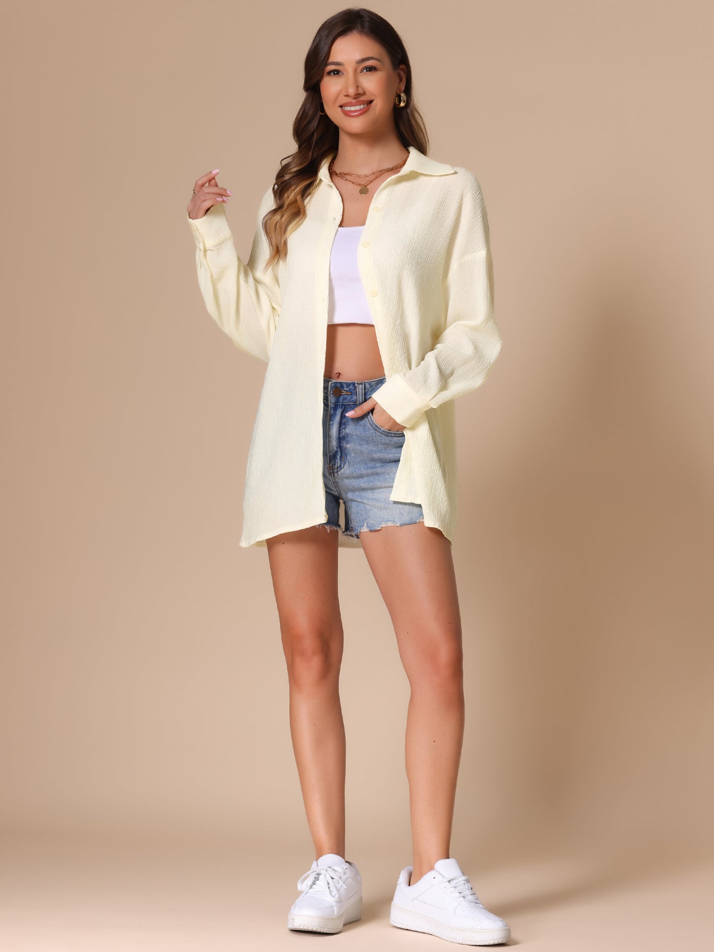 Allegra K Long Sleeve Button Up Casual Loose Textured Shirt