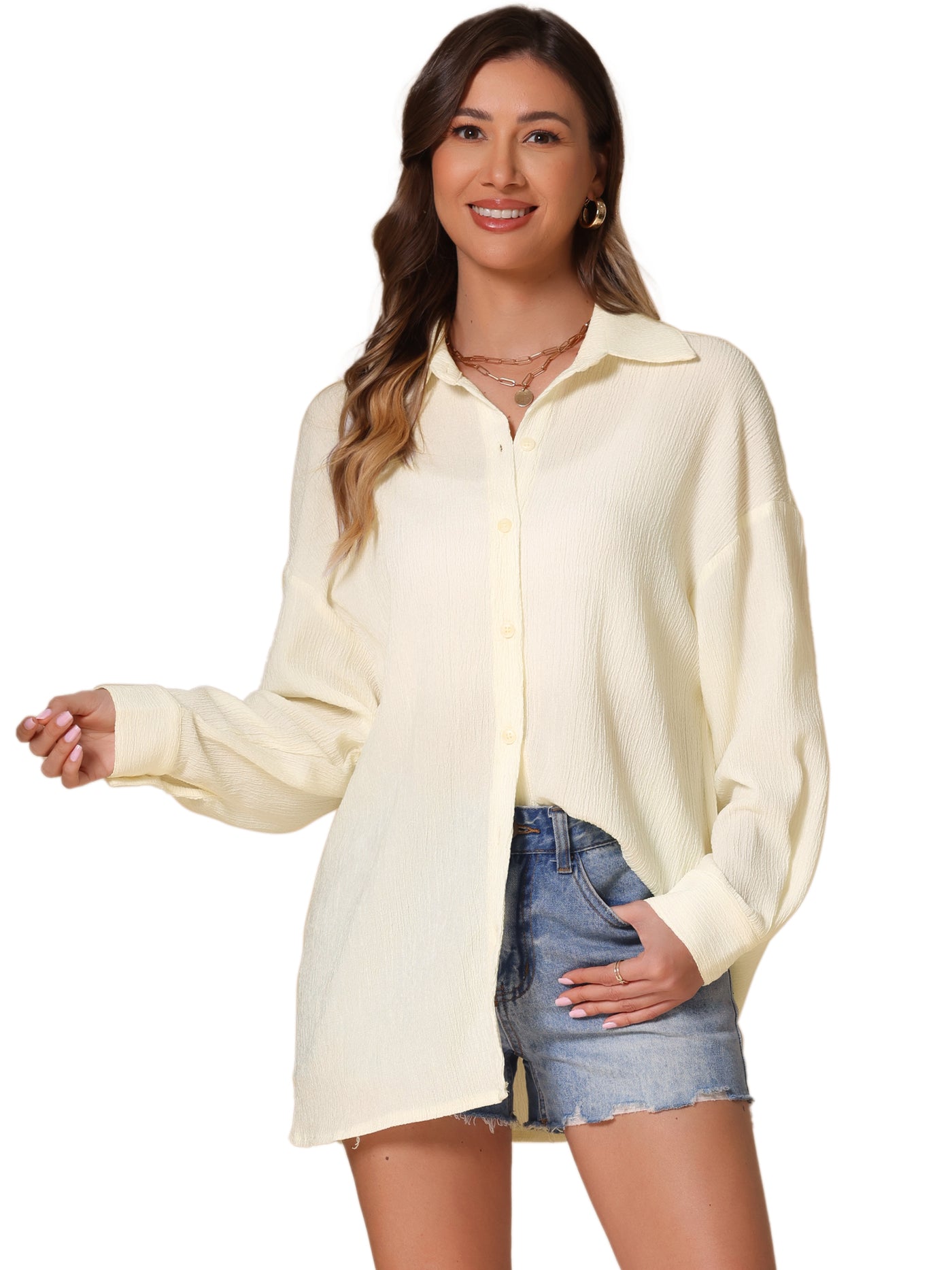 Allegra K Long Sleeve Button Up Casual Loose Textured Shirt