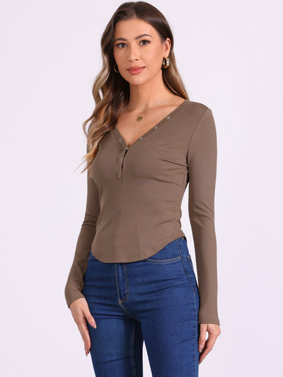 Solid Color Long Sleeve Ribbed Knit Buttoned Blouse