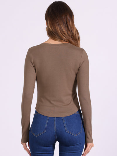 Solid Color Long Sleeve Ribbed Knit Buttoned Blouse