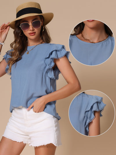 Ruffle Short Sleeve Round Neck Solid Casual Blouse