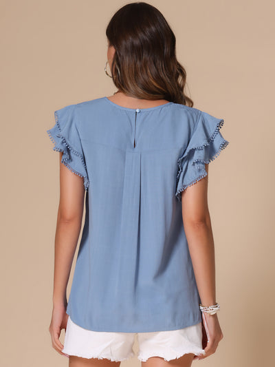 Ruffle Short Sleeve Round Neck Solid Casual Blouse