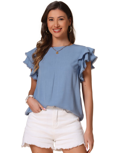 Ruffle Short Sleeve Round Neck Solid Casual Blouse