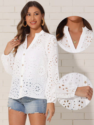 Boho Eyelet Puff Long Sleeve Button-Up Blouse