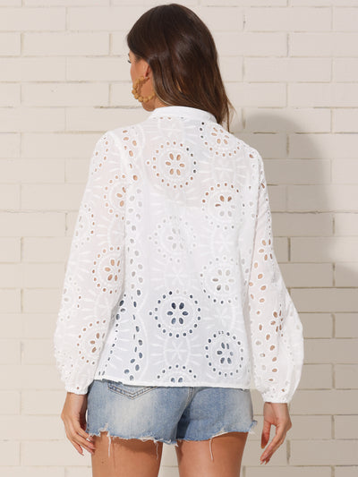 Boho Eyelet Puff Long Sleeve Button-Up Blouse