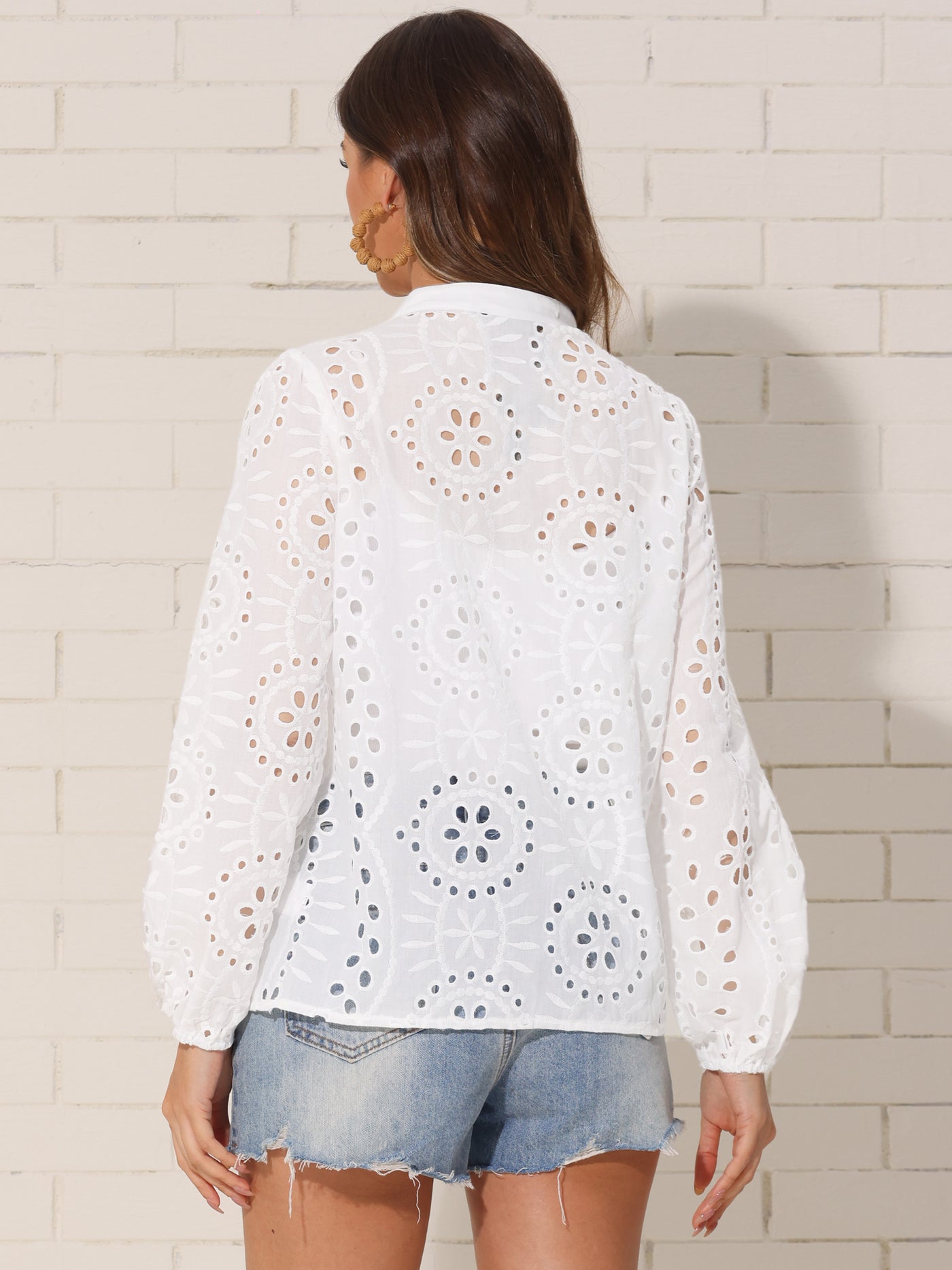 Allegra K Boho Eyelet Puff Long Sleeve Button-Up Blouse