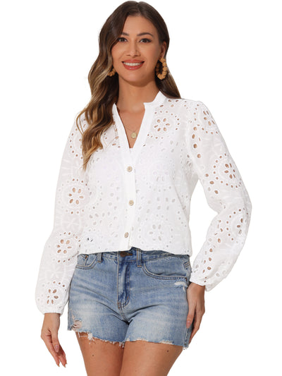 Boho Eyelet Puff Long Sleeve Button-Up Blouse