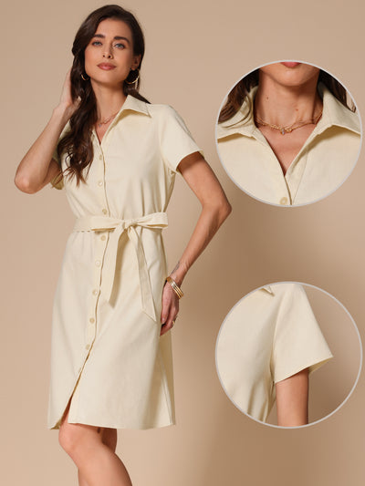 Linen Cotton Short Sleeve Button Down Midi Shirt Dress