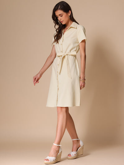 Linen Cotton Short Sleeve Button Down Midi Shirt Dress