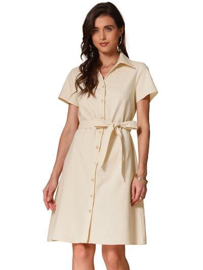 Linen Cotton Short Sleeve Button Down Midi Shirt Dress