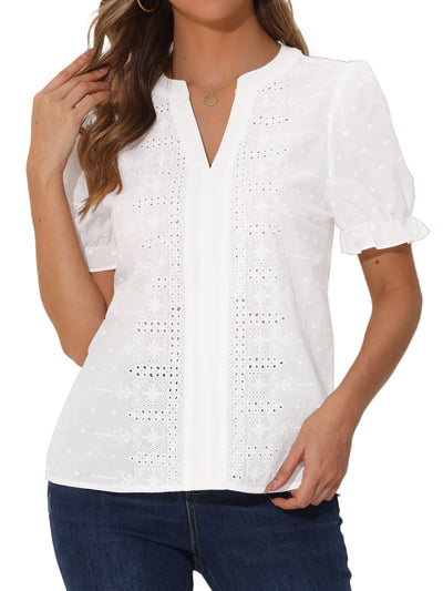 Eyelet Swiss Dots Puff Sleeves Notch Neck Blouse