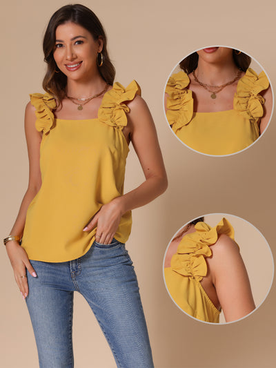 Sleeveless Ruffle Trim Square Neck Solid Casual Blouse